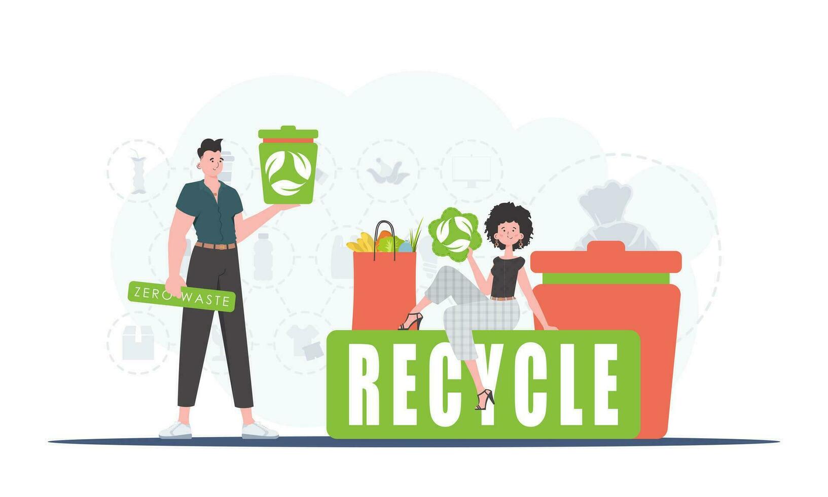 Ecology and green planet concept. Green processing industry. Eco friendly characters. Trend vector illustration.