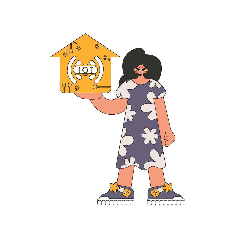 The girl grasps the logo for the internet of things in her hands. vector