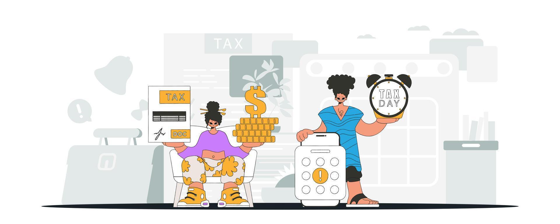 Gorgeous guy and girl demonstrate paying taxes. An illustration demonstrating the importance of paying taxes for economic development. vector