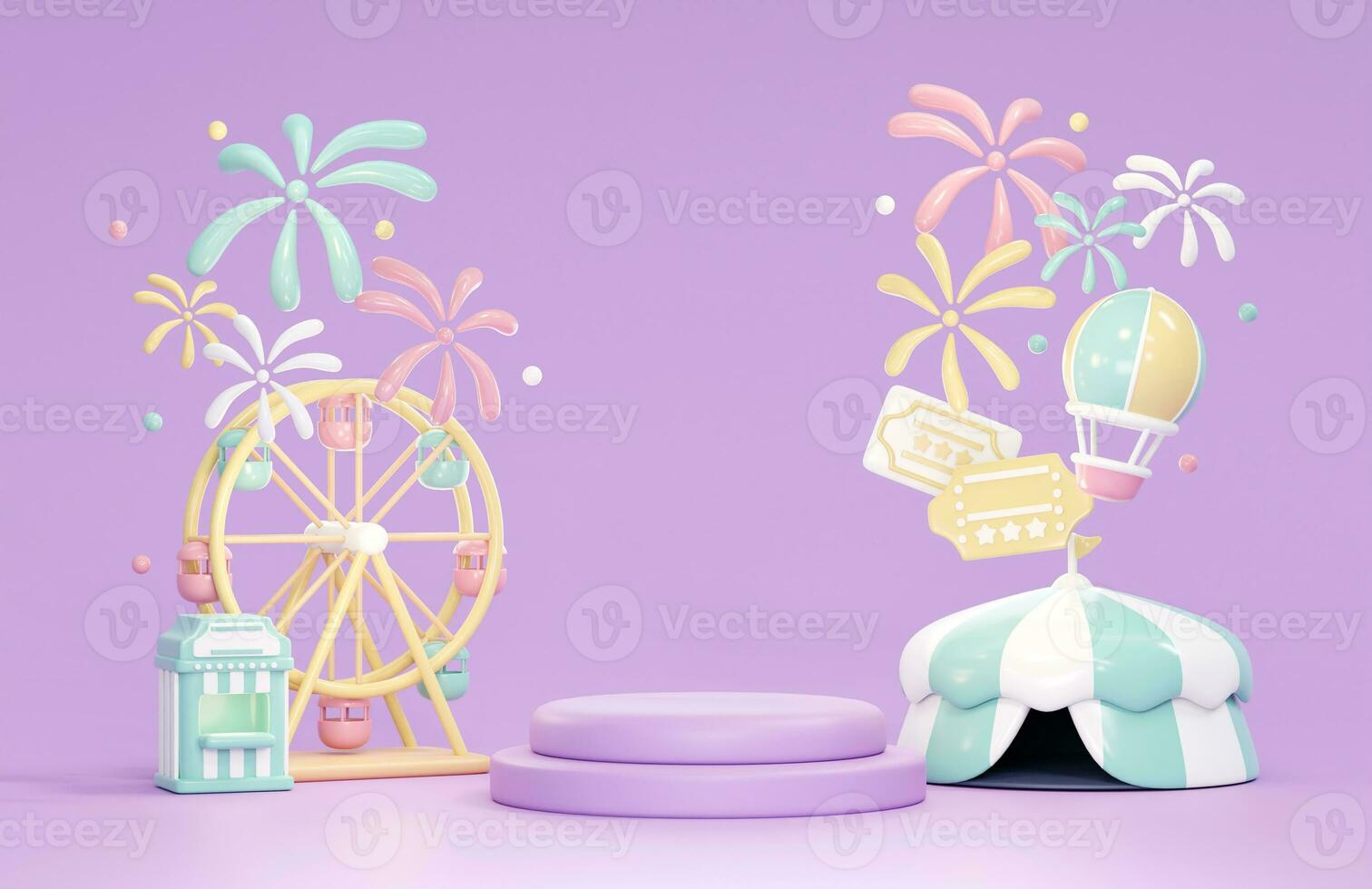 3D Rendering illustration product stand podium display with fair festival icons ferris wheel, ticket booth, firework, balloon, circus tent on background for commercial design concept of fun park photo