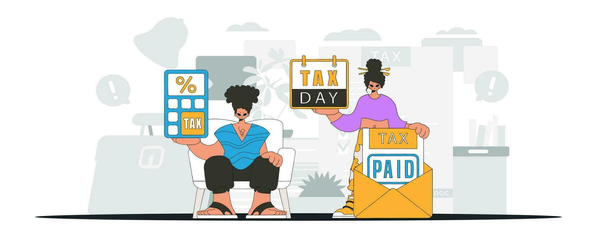 An elegant guy and a girl are engaged in paying taxes. An illustration demonstrating the importance of paying taxes for economic development. vector