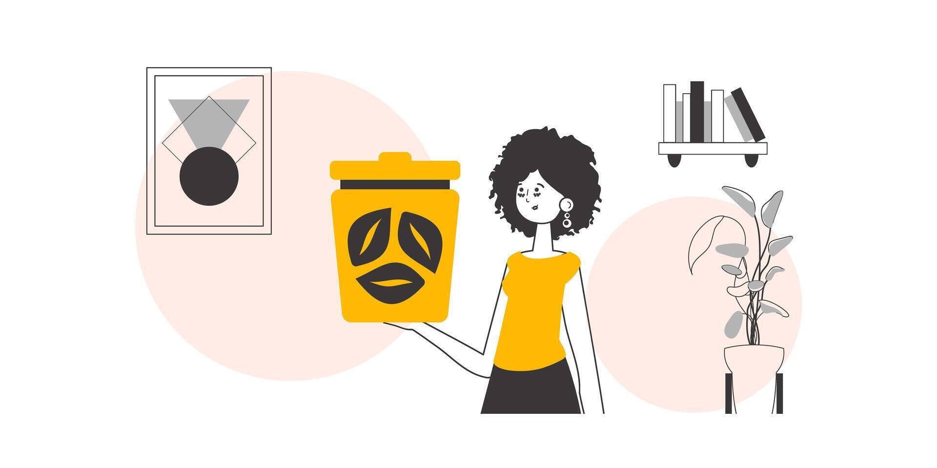 A woman is holding a trash can. The concept of recycling plastic and waste. Lineart style. vector