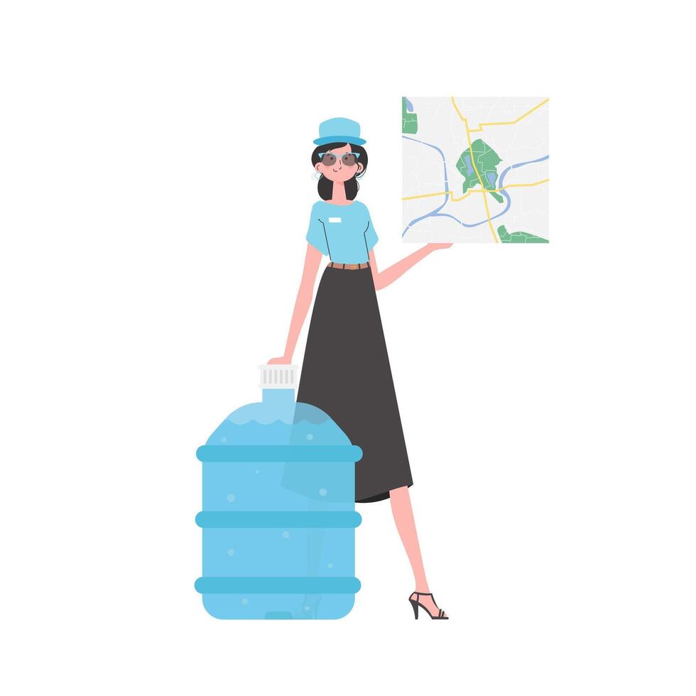 Girl water delivery operator holding a map. The character is depicted in full growth. Isolated on white background. illustration. vector