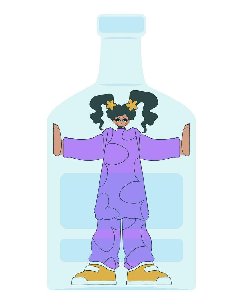 Girl inside the bottle. Dependence on alcohol. vector