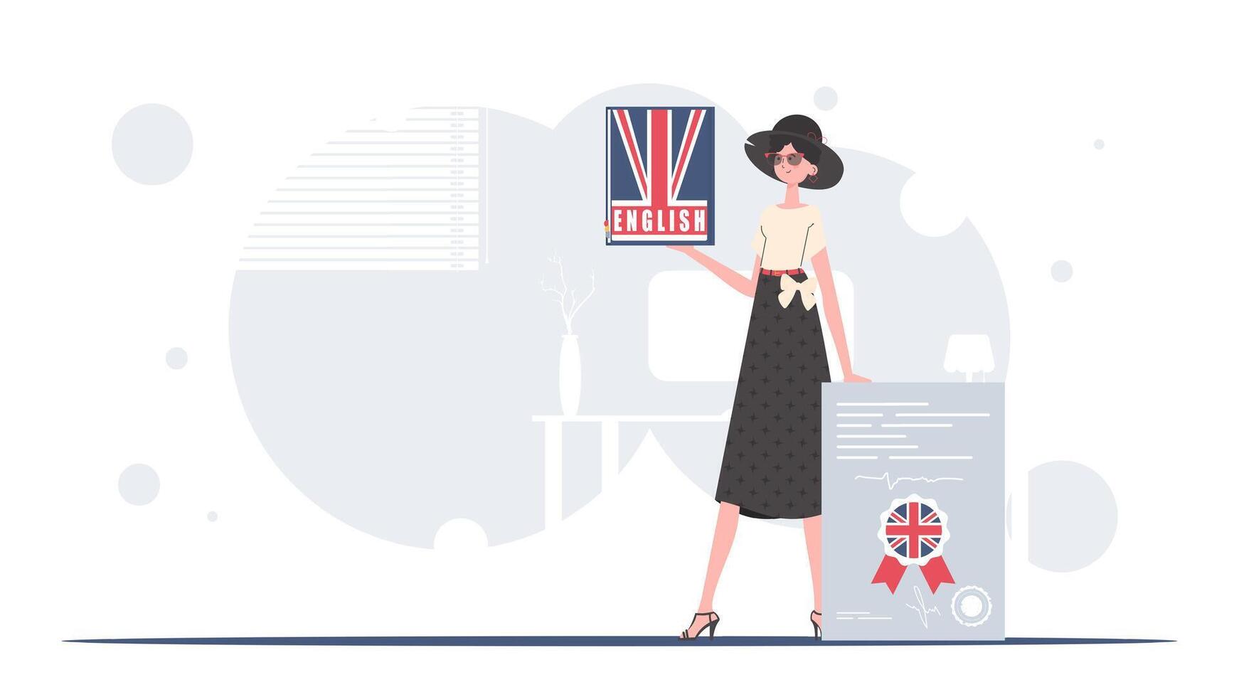 The concept of learning English. A woman holds an English dictionary and a certificate in her hands. Trendy cartoon style. Vector illustration.