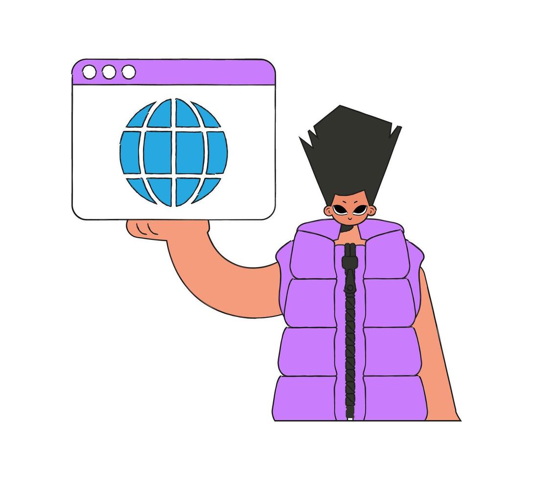A bright and stylish illustration of a man holding a browser window in his hands. Material for educational content. vector