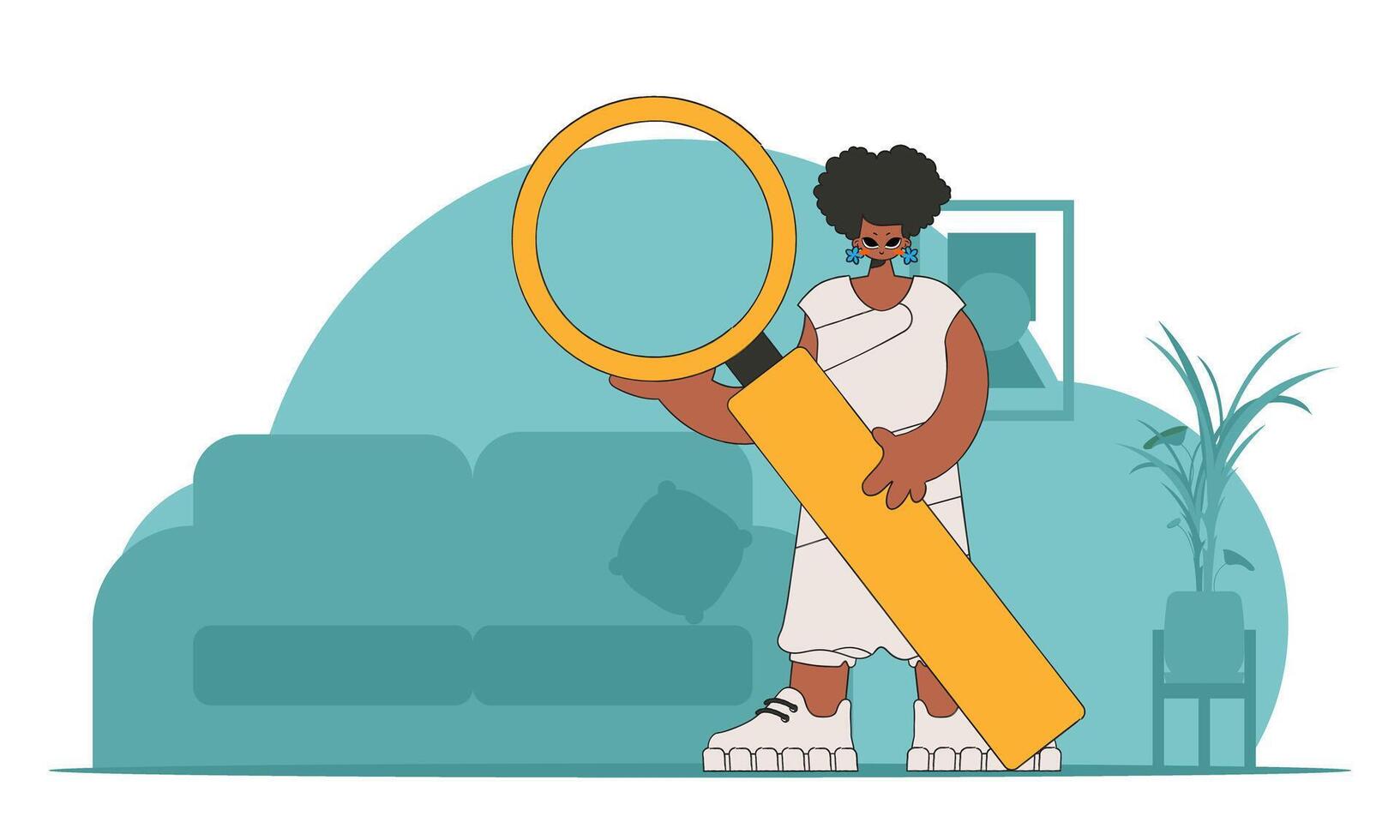 Concept Finding the necessary information on the Internet. A man holds a magnifying glass in his hands. Linear retro style character. vector