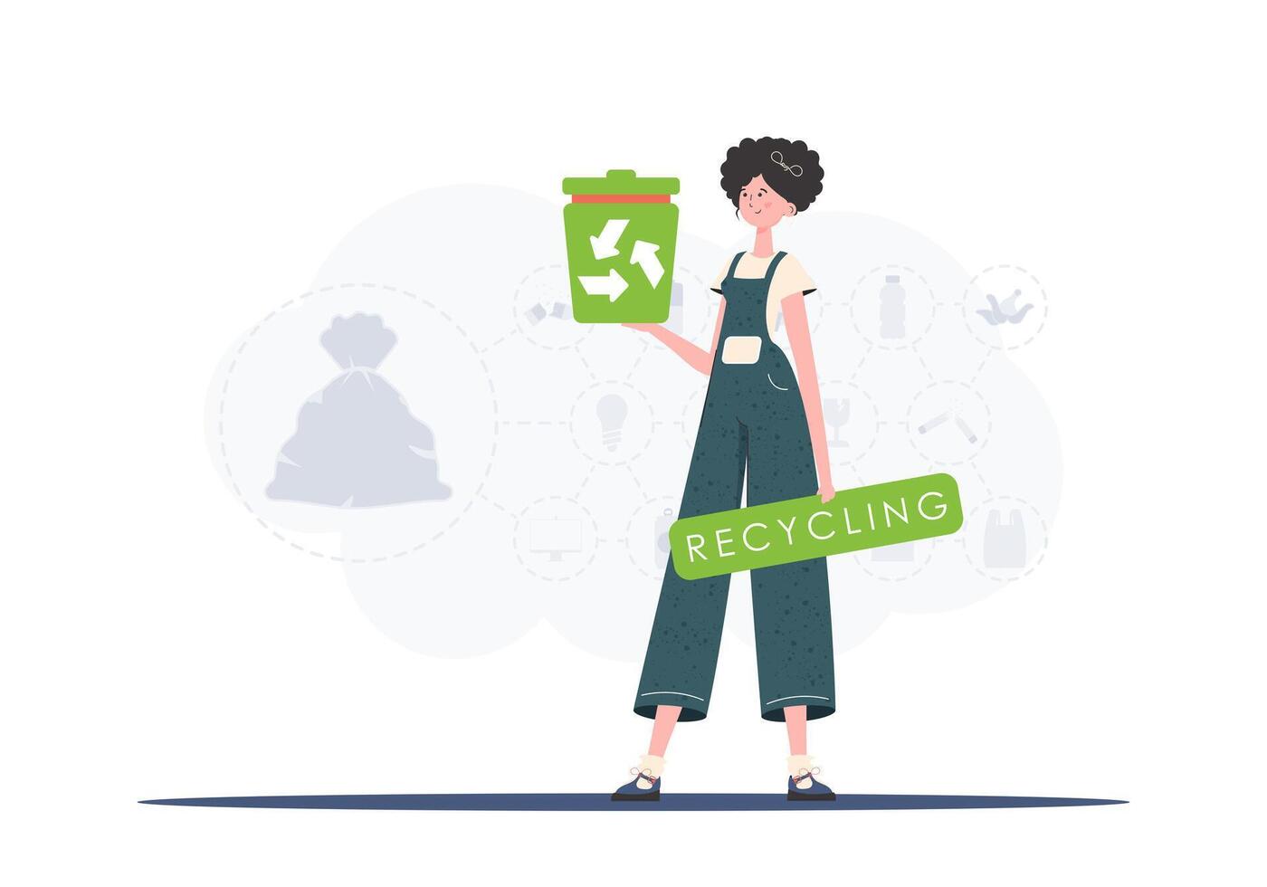 The concept of ecology and recycling. The girl is holding an urn in her hands. illustration Flat trendy style. vector