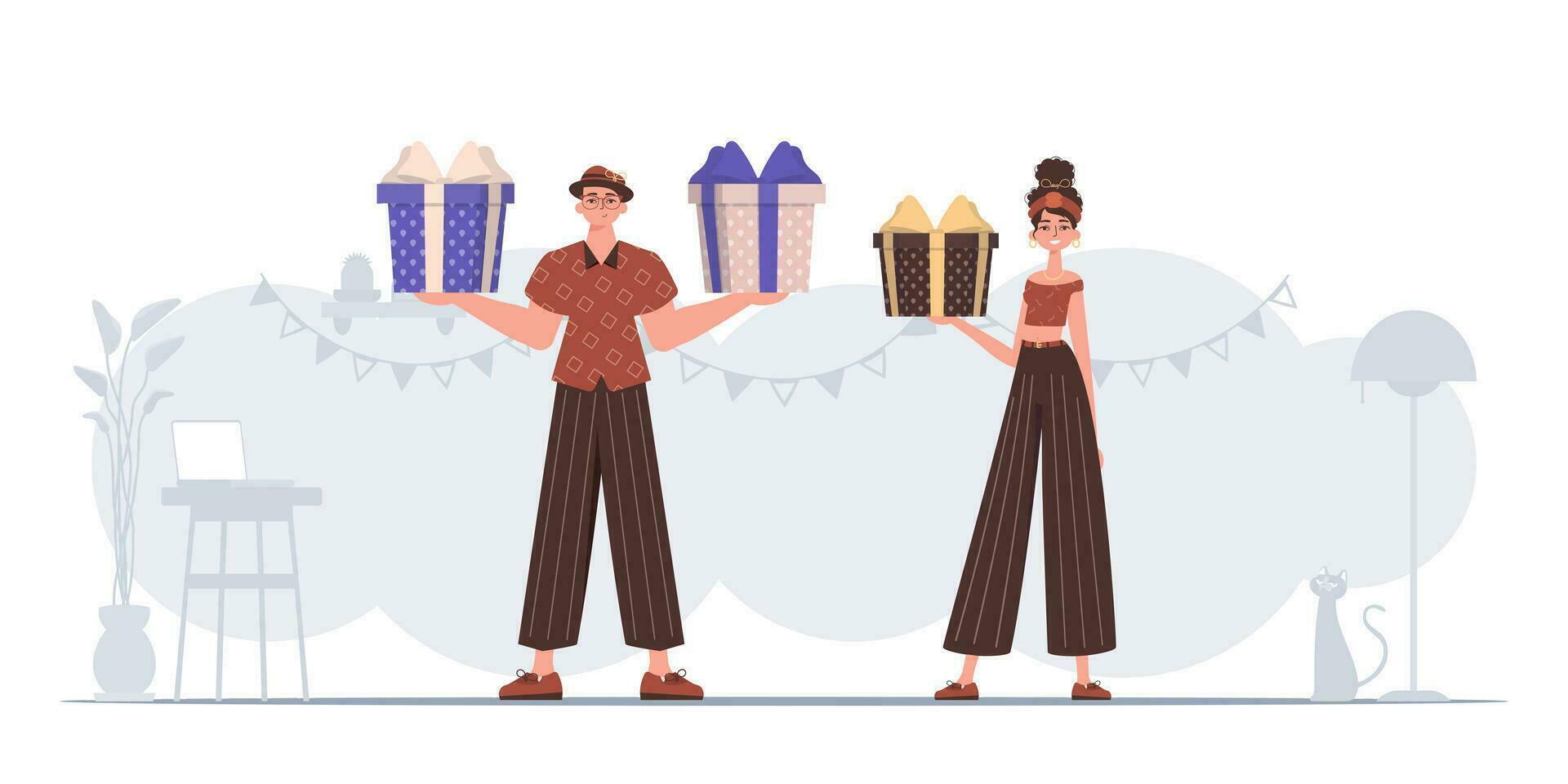 The guy and the girl are holding gifts. Christmas gift concept. vector
