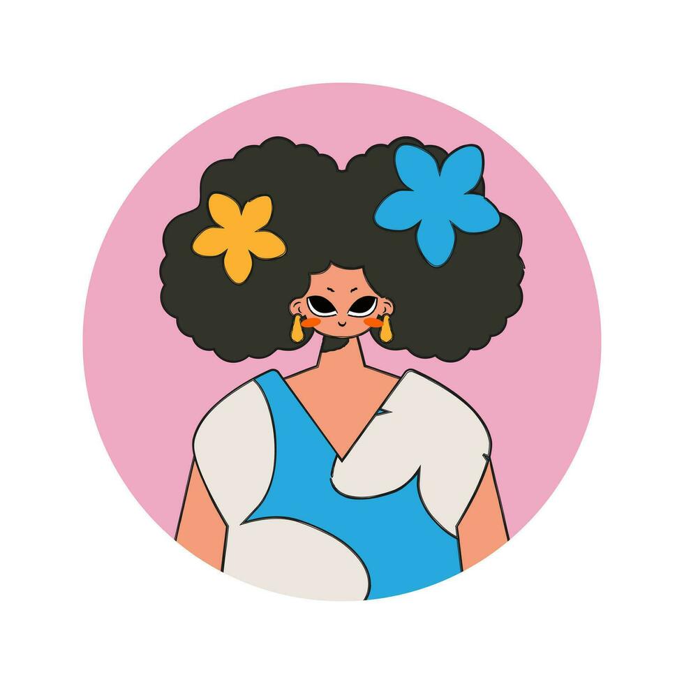 Round avatar of a woman in the style of the 80s and 90s. vector