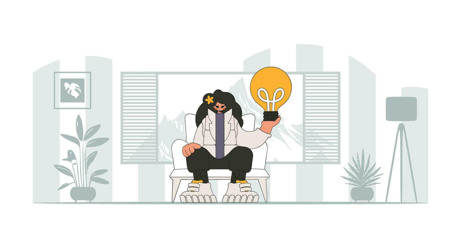 Stylish girl holds a light bulb in her hands. Idea concept. trendy character. vector