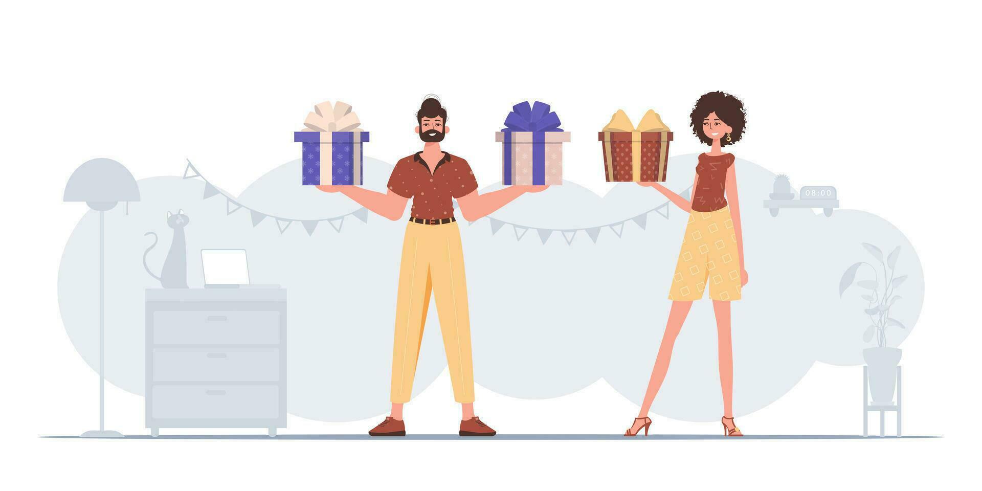 un hombre y un mujer son participación regalo cajas en su manos. regalo concepto para Navidad o nuevo año. vector