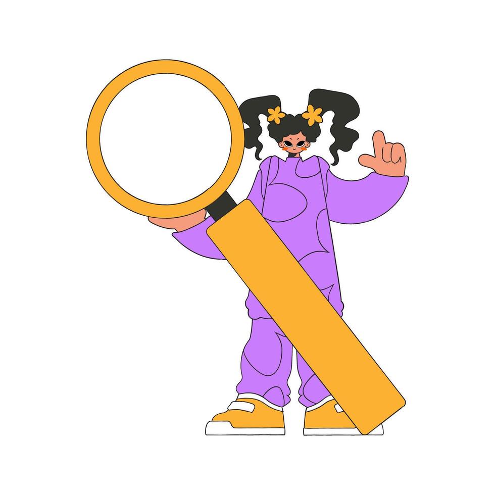 The girl is holding a magnifying glass. Search for information. Retro style character. vector