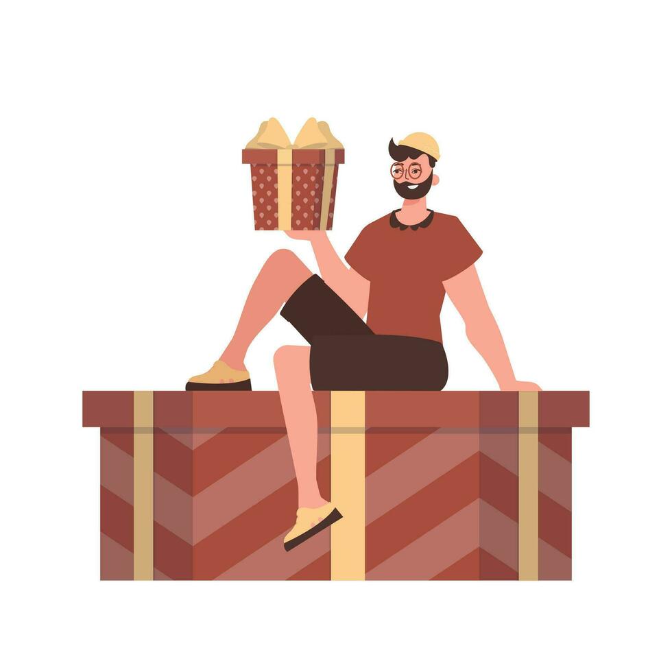 un hombre se sienta en un regalo caja. moderno personaje estilo. vector