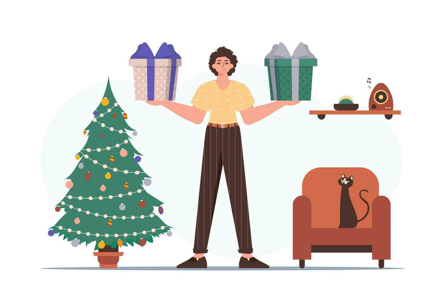 Gift concept for christmas or new year. The boy is holding a gift. vector