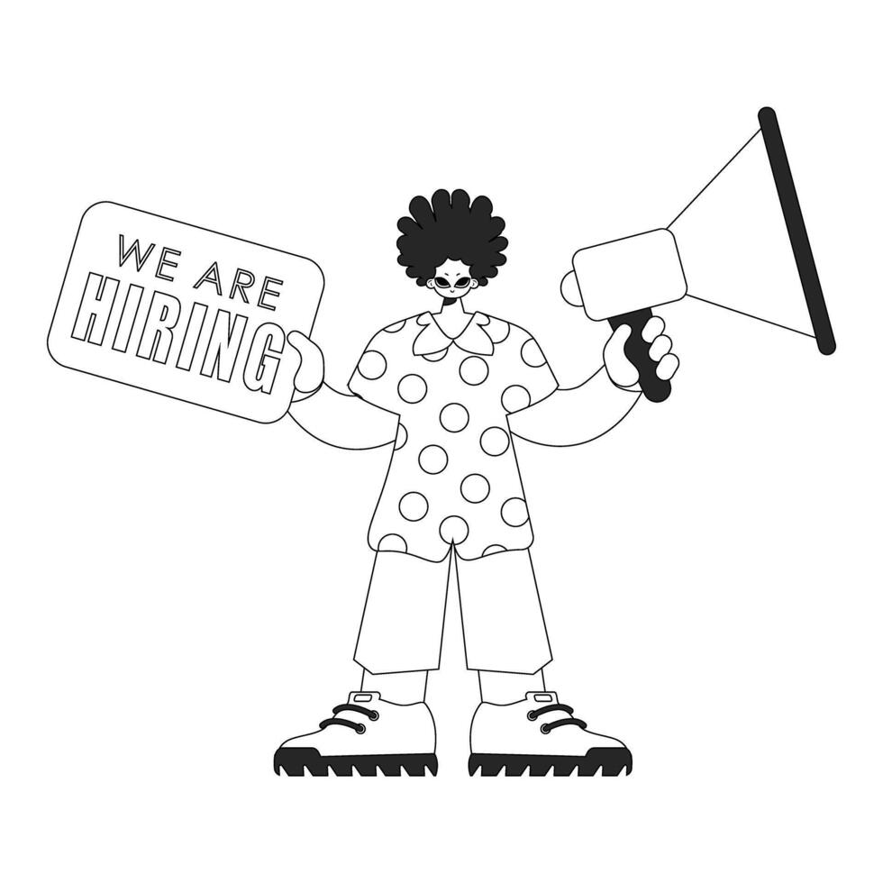 Competent HR specialist man holding a megaphone in his hands. HR topic. Linear black and white style. vector