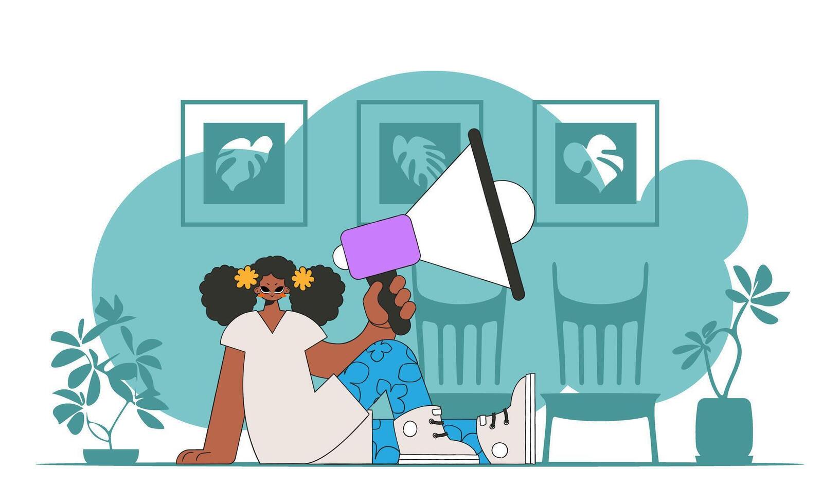 Stylized illustration of a HR representative. Stylish woman sits on the floor and holds a megaphone in her hand. vector