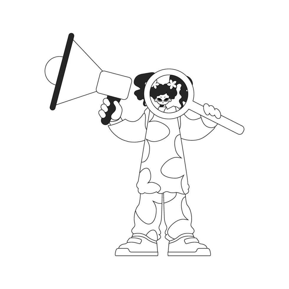 Capable HR specialist woman holding a megaphone and a magnifying glass in her hands. HR topic. Linear black and white style. vector