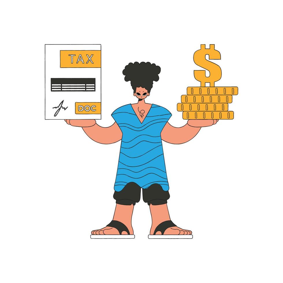 A modern man holds a tax form and coins in his hands. The topic of paying taxes. vector