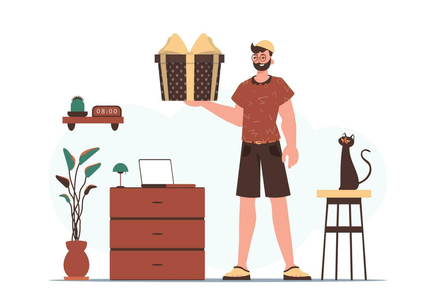 Holiday greetings concept. The guy is holding a gift in his hands. vector