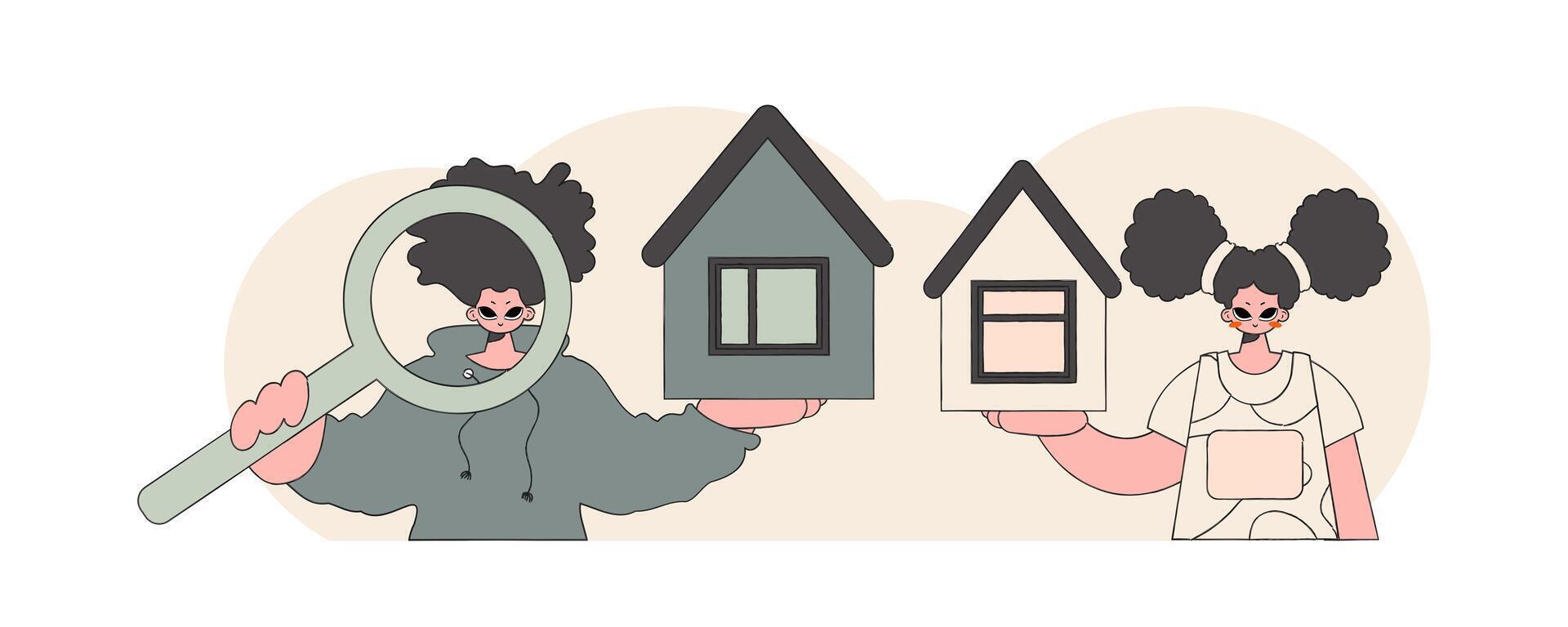 The concept of owning a home. Guy and girl attractive realtor sells a house. vector