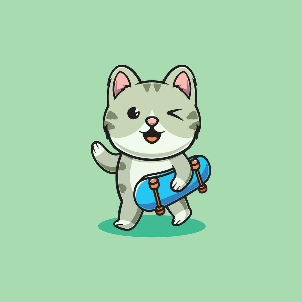 Happy cat playing skateboard cartoon illustration vector