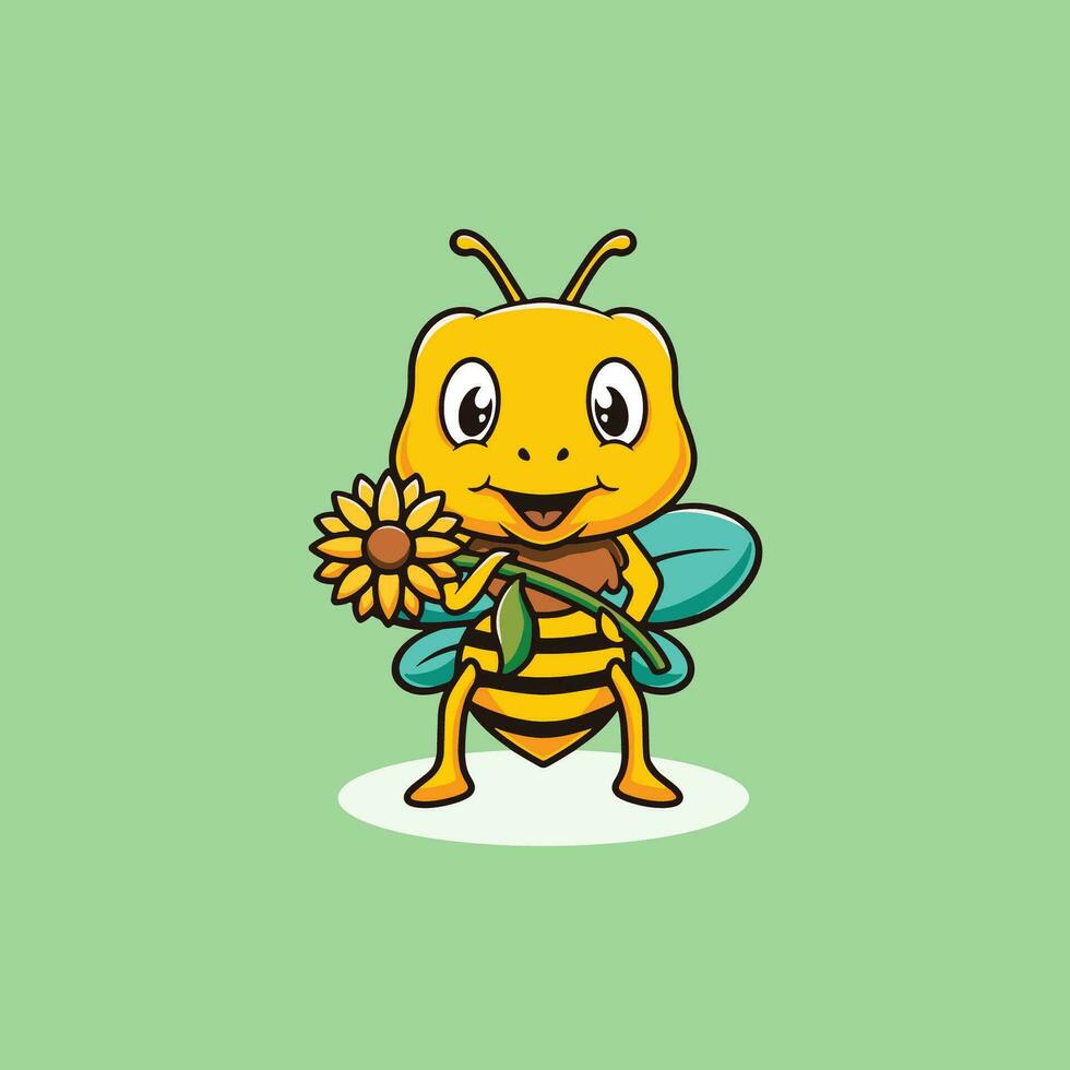 Cute bee with sunflower cartoon illustration vector