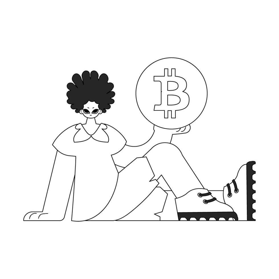 Charming man holding a bitcoin coin. Newspaper black and white style. vector