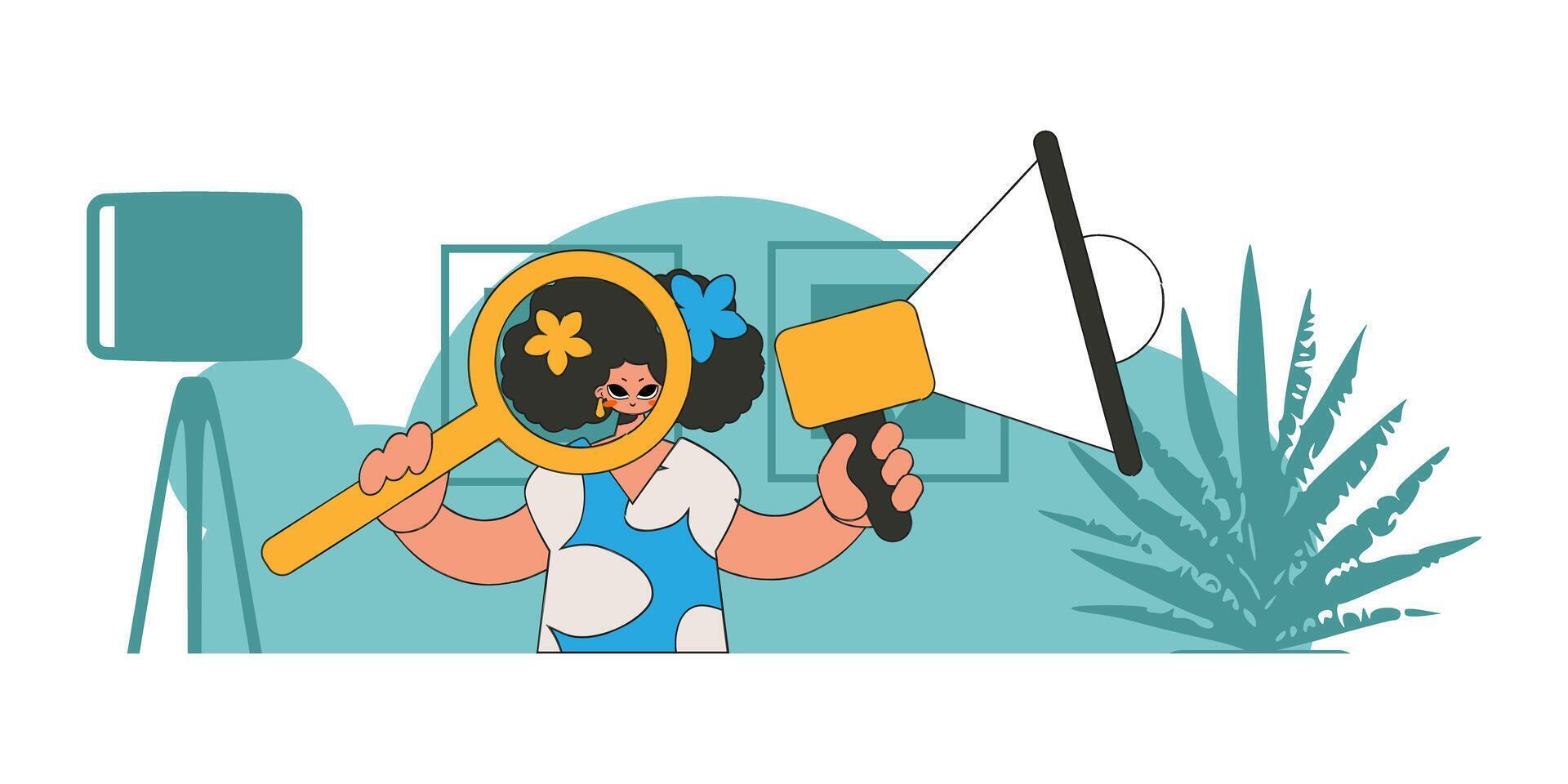 The concept of attracting employees. A woman with a megaphone, symbolizing the search for people in the labor market. vector