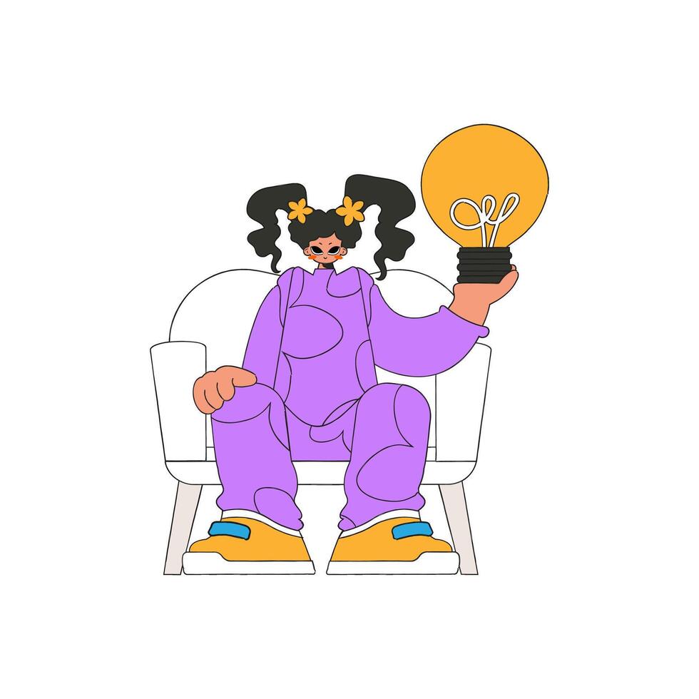 Refined girl is holding a light bulb. Idea theme. vector