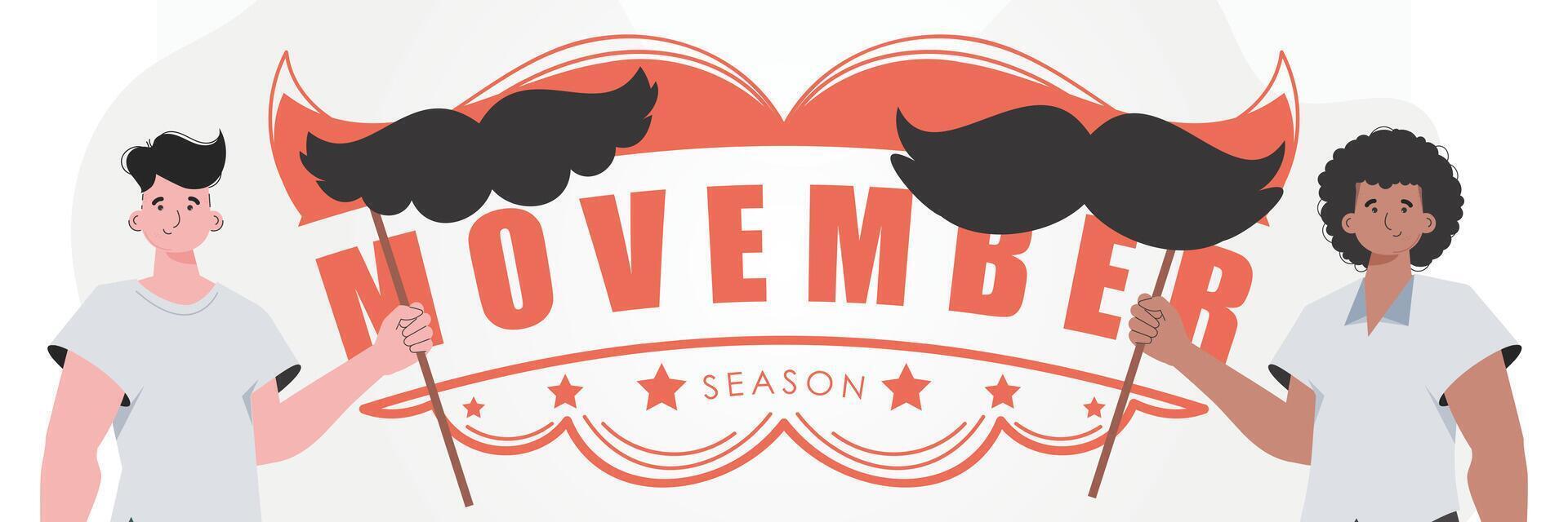 Movember banner. A man holds a mustache on a stick. trendy style. illustration. vector