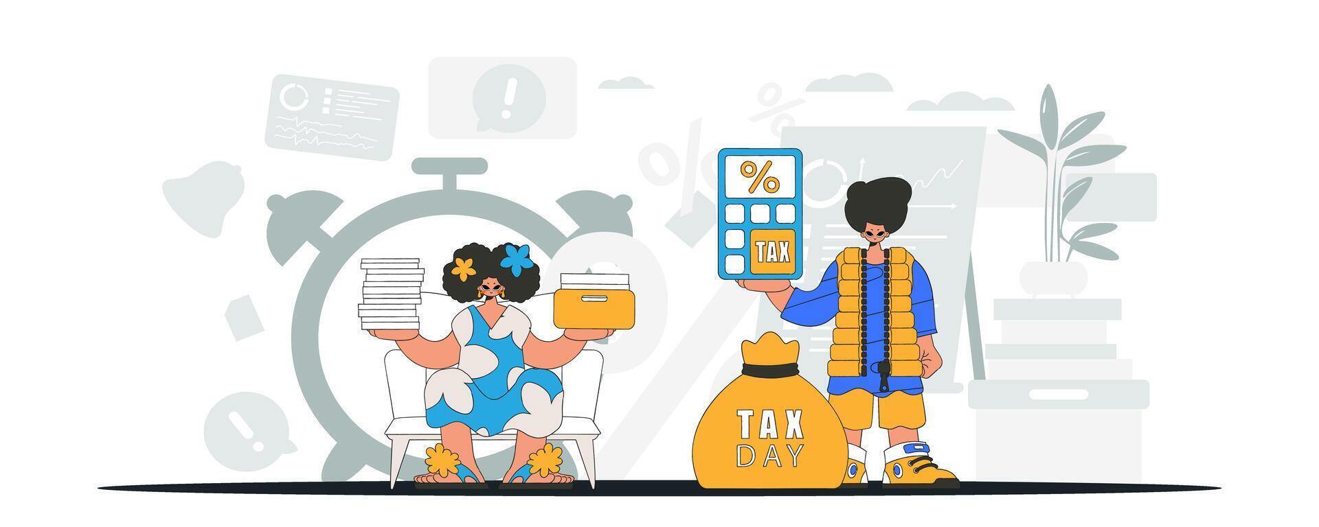 Graceful girl and guy demonstrate paying taxes. An illustration demonstrating the importance of paying taxes for economic development. vector