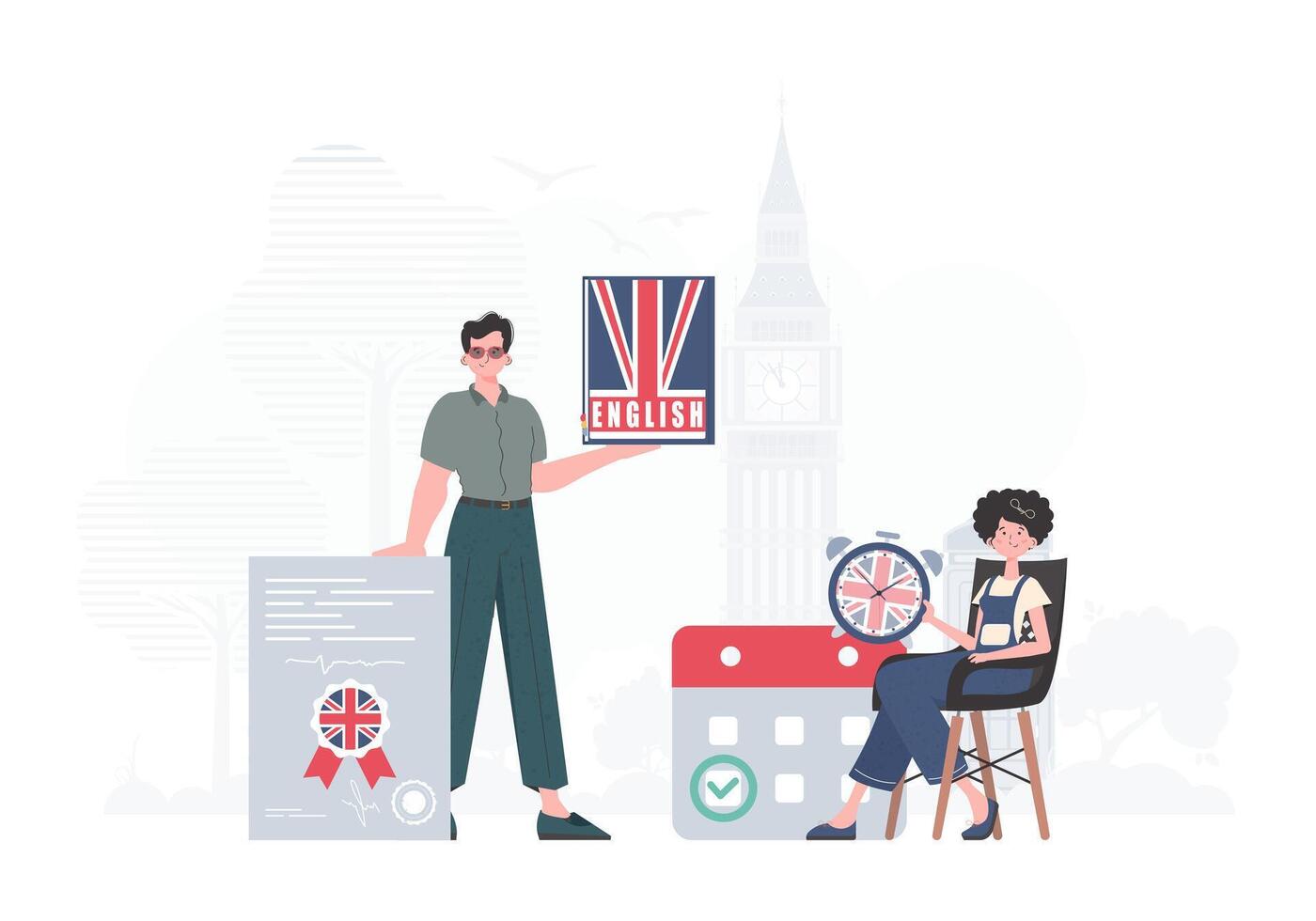 The concept of teaching English. English language team. Trendy cartoon style. . vector
