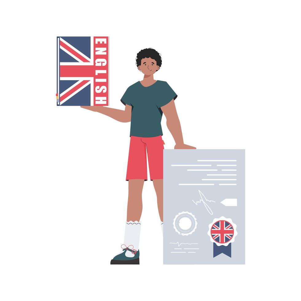 A man holds an English dictionary and a certificate in his hands. The concept of teaching English. Isolated. trendy style. . vector