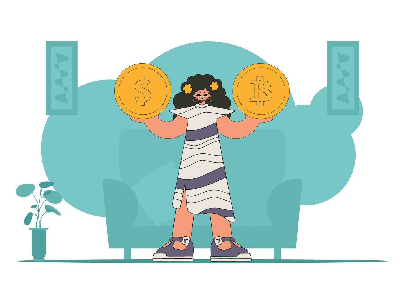 el niña sostiene un dólar y bitcoin en su manos. criptomoneda y fíat intercambiar tema. vector