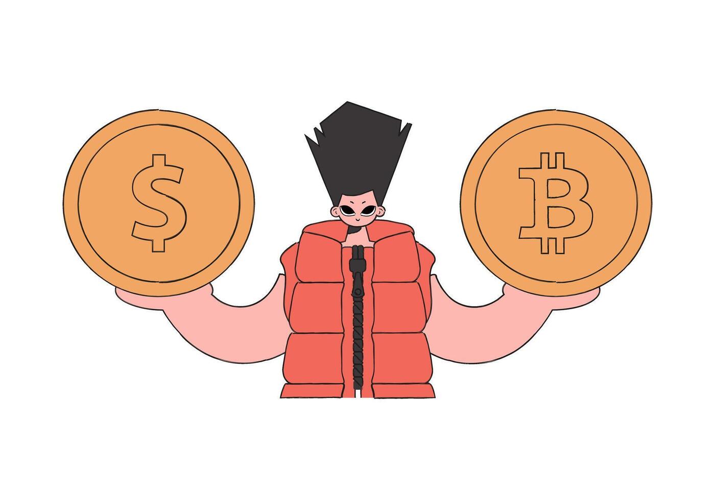 A man is holding a coin of bitcoin and dollar. Character Trendy retro style. vector