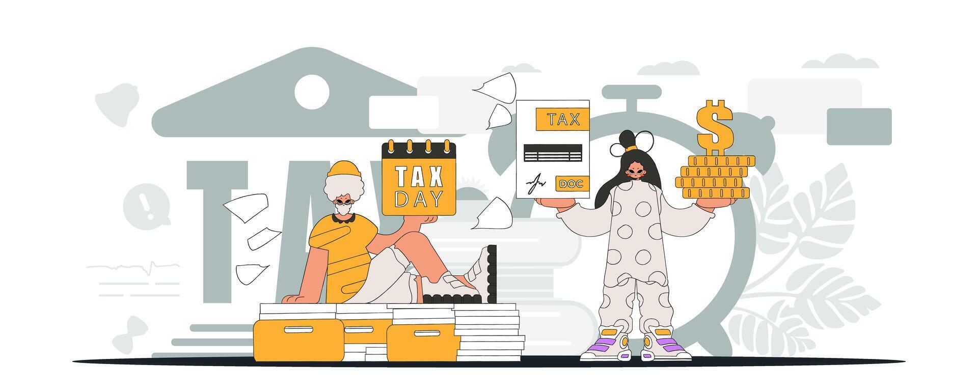 An elegant guy and a girl are engaged in paying taxes. An illustration demonstrating the correct payment of taxes. vector