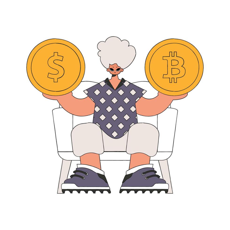 A man holds a dollar and bitcoin coin in his hands. Character Trendy retro style. vector