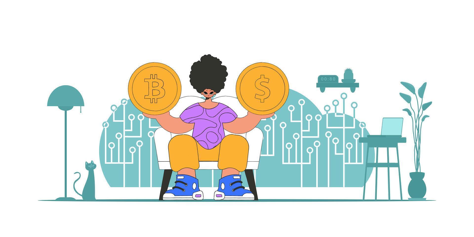 A man is holding a coin of bitcoin and dollar. Cryptocurrency and fiat exchange theme. vector