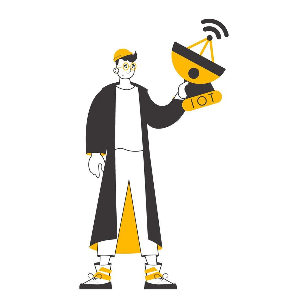 A man holds the internet of things logo in his hands. Linear trendy style. Isolated on white background. illustration. vector