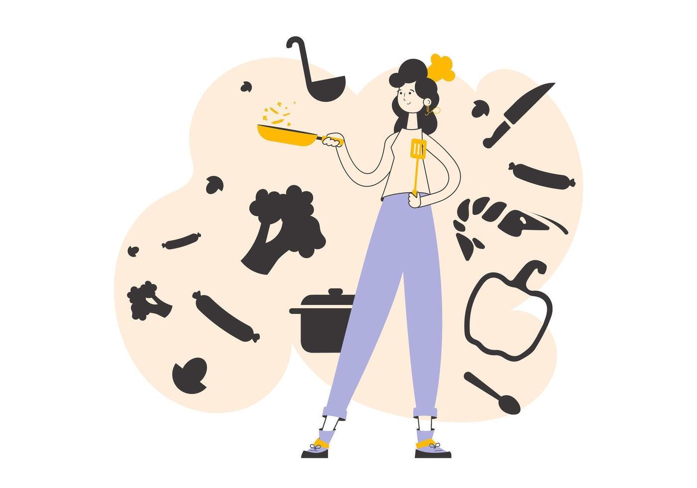 The girl the cook holds a frying pan. Linear trendy style. vector