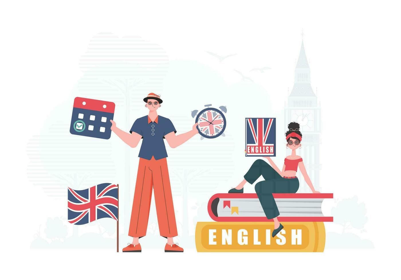 The concept of learning English. Man and woman English teacher. Trendy cartoon style. Vector illustration.