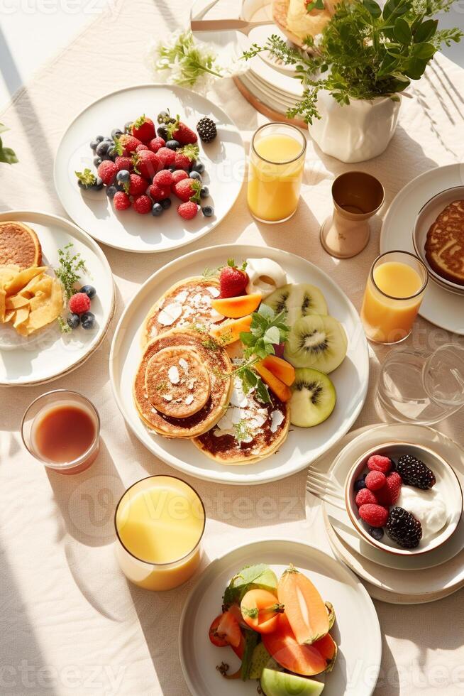 Overhead view of communal breakfast scene, highlighting shared meals in morning sunlight AI Generative photo