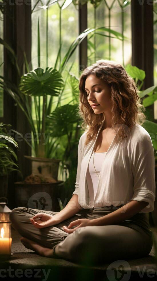 Serene Individual Embracing Mindfulness Surrounded by Lush Greenery and Symbols of Self-Care AI Generative photo
