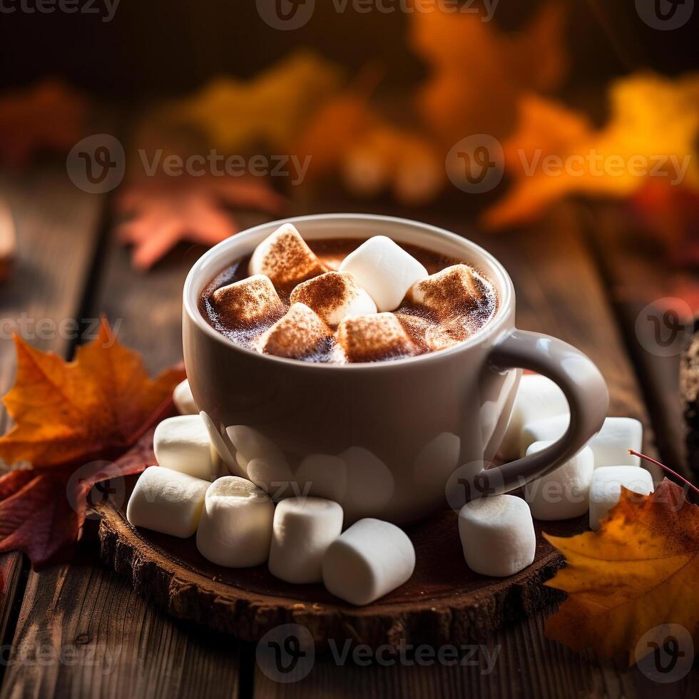 acogedor otoño escena con caliente chocolate coronado con derritiendo Malvaviscos en blanco jarra ai generativo foto