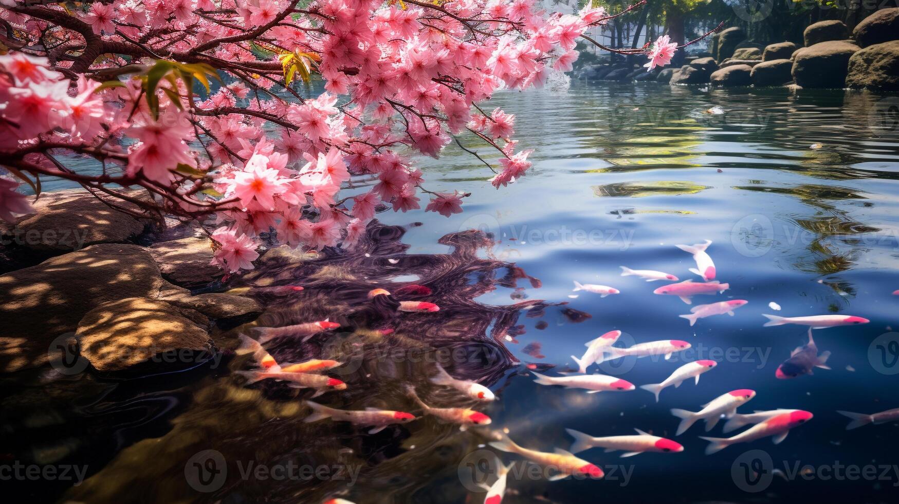 Ethereal image of a tranquil koi pond surrounded by blooming cherry blossoms photo