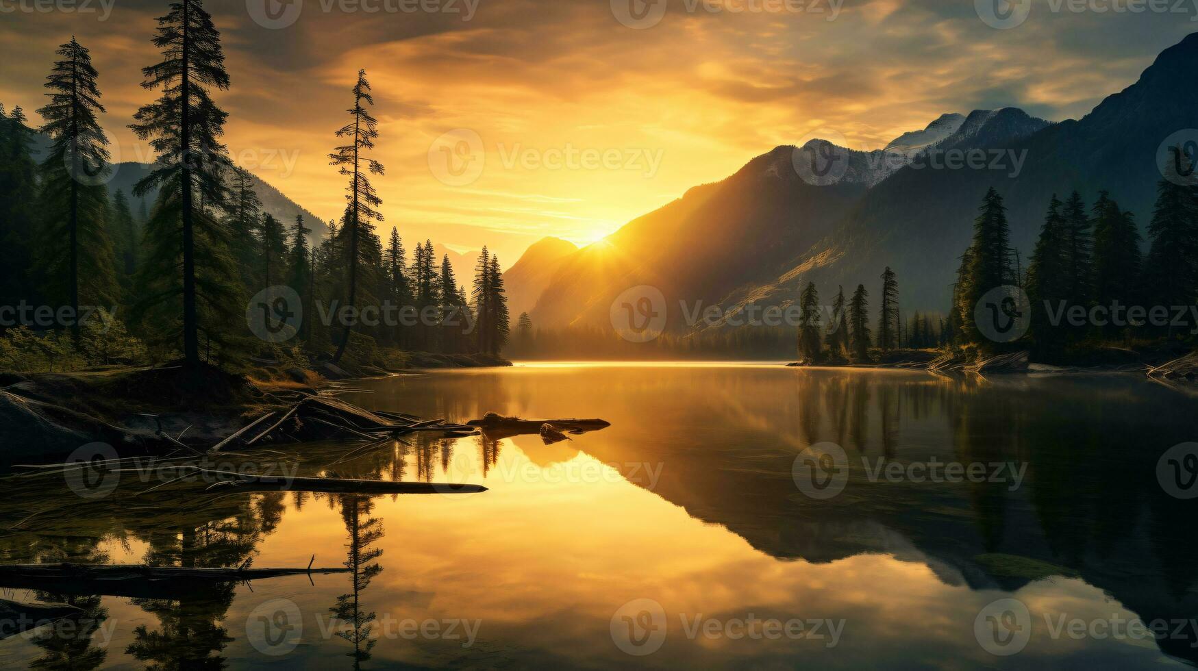 etéreo paisaje Disparo capturar el del sol dorado matiz terminado majestuoso montañas y sereno lagos ai generativo foto
