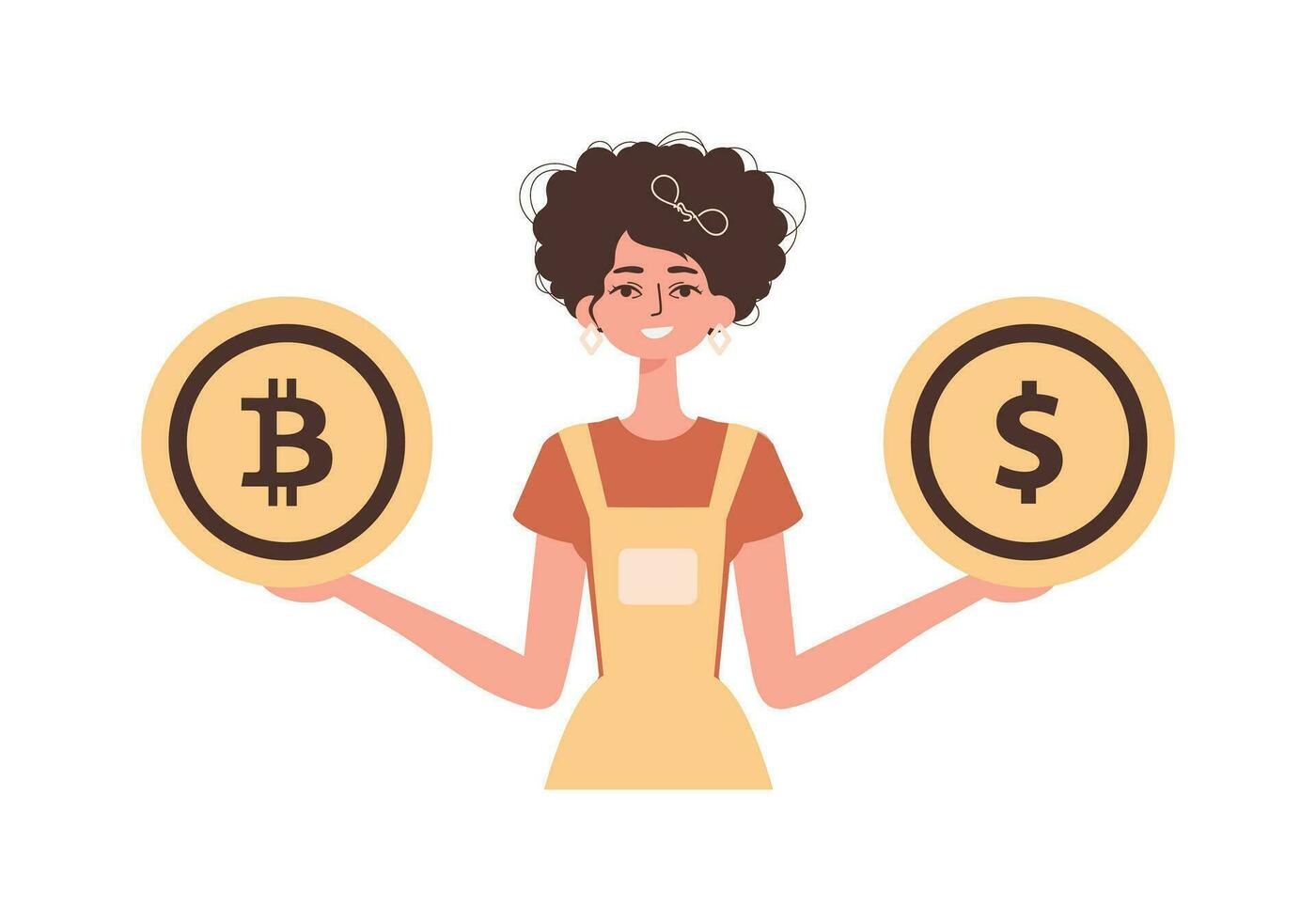 A woman holds in her hands a bitcoin and a dollar in the form of coins. Character in modern trendy style. vector