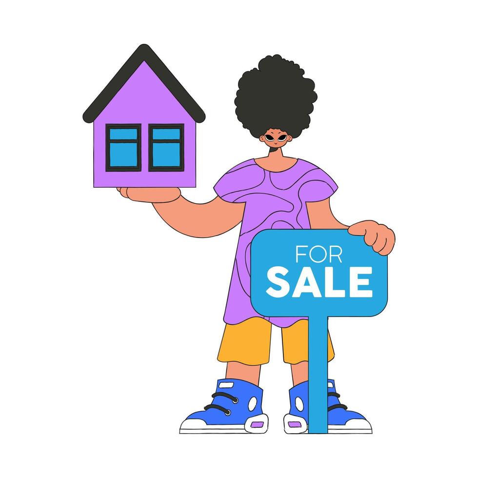 Male real estate agent holding a house. Real estate home property. vector