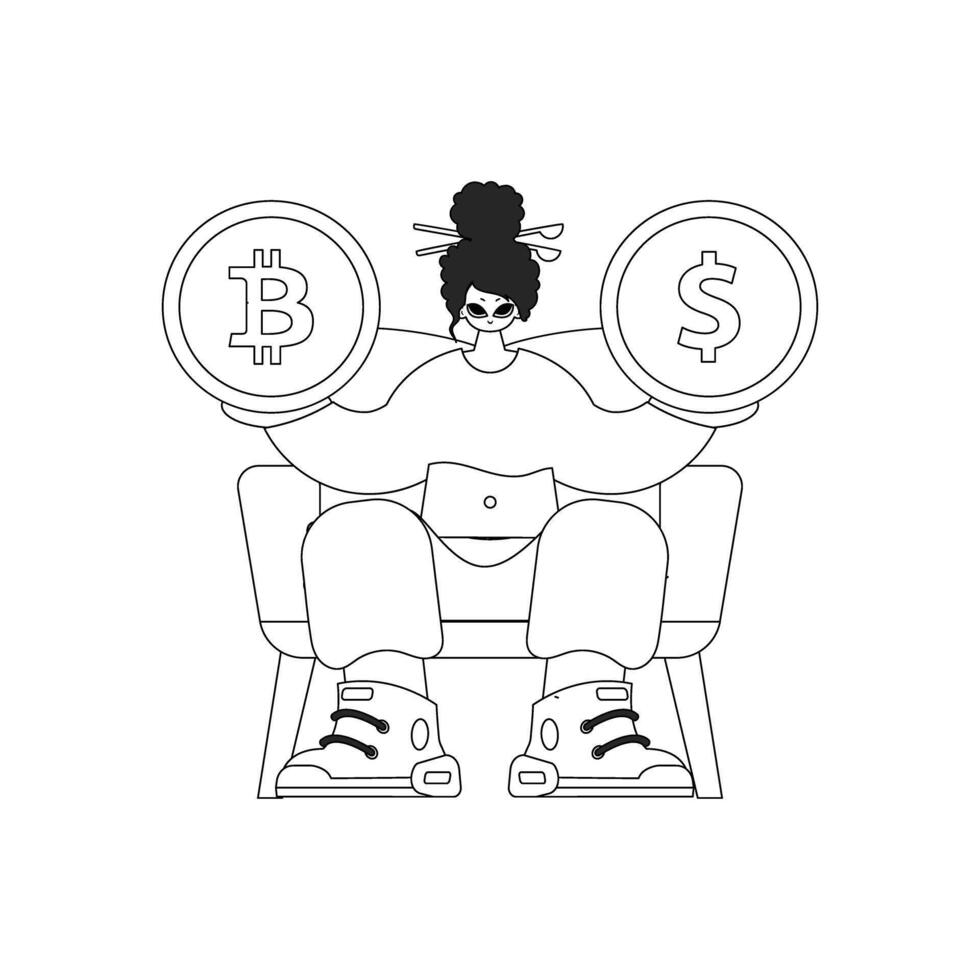Charming woman holds a coin of bitcoin and dollar in her hands. Linear black and white style. vector